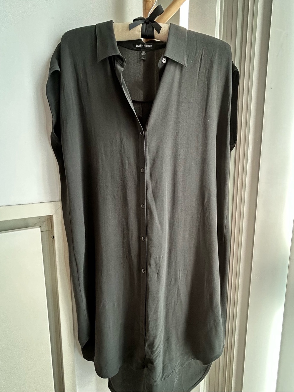Eileen Fisher Women’s Silk Charcoal Grey Button-Down Shirt Dress with Cap Sleeve